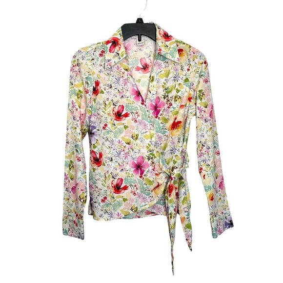 Rachel Zoe | Womans Floral Wrap Blouse Side Tie Pink Red Green Blue Shirt - Picture 1 of 15